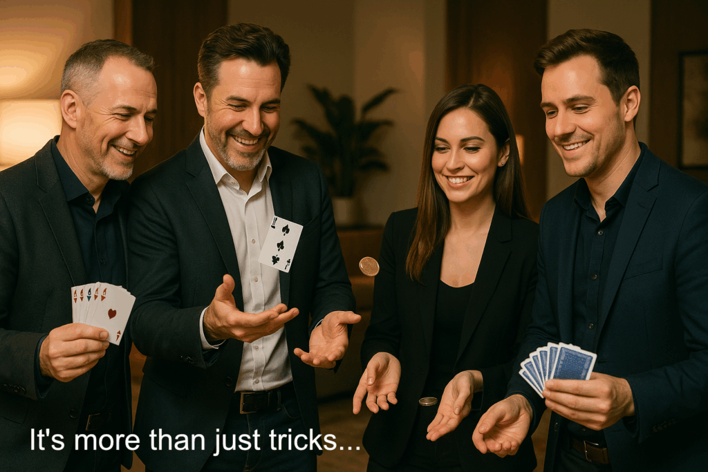 AI Generated image of 3 men and a woman doing magic tricks